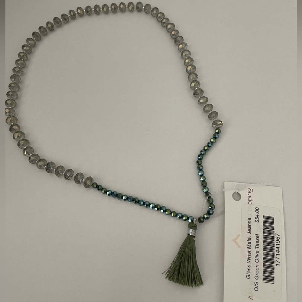 Jeanne Verger green glass beaded mala with tassel. New with tags!